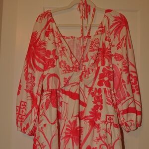 Farm Rio Inspired Pink Beach Dress Long Sleeve Keyhole Neckline Size L